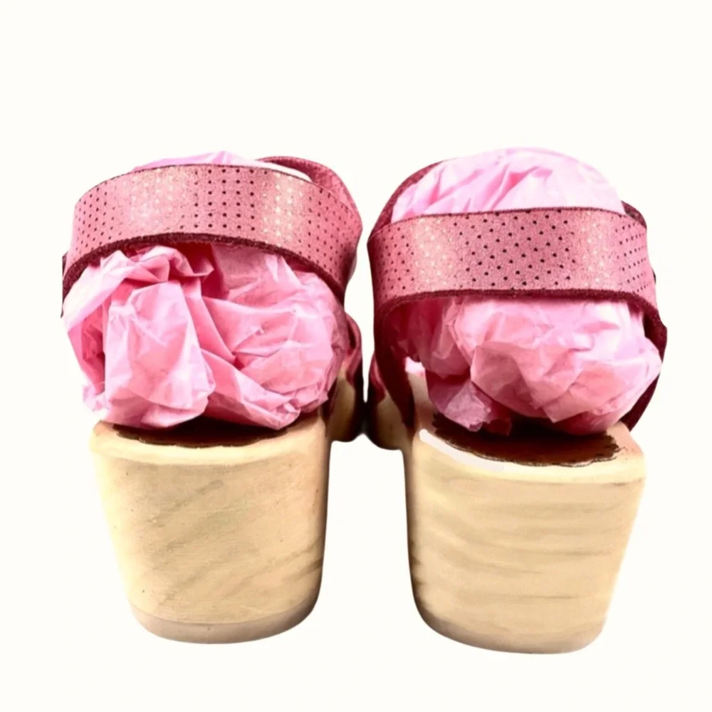Hannah Anderson Pink Leather Ankle Strap Wood Sandals Sz 1.5